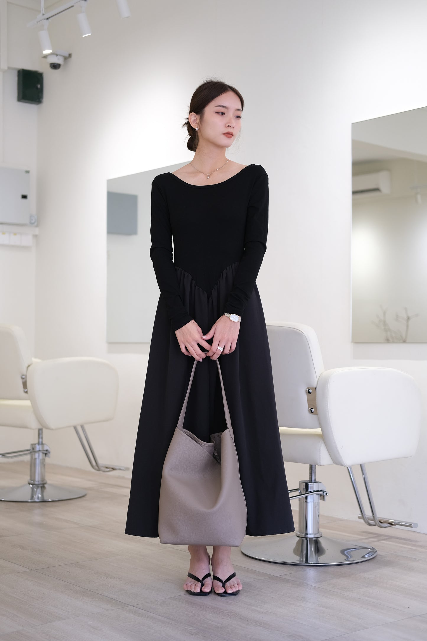 French crewneck slim-fit panel pleated long-sleeved dress in classic black