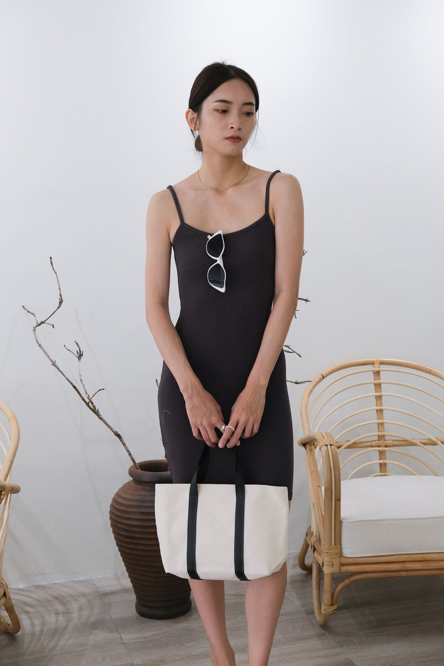 High-rise slim-fit slip dress in grey (Medium Length)
