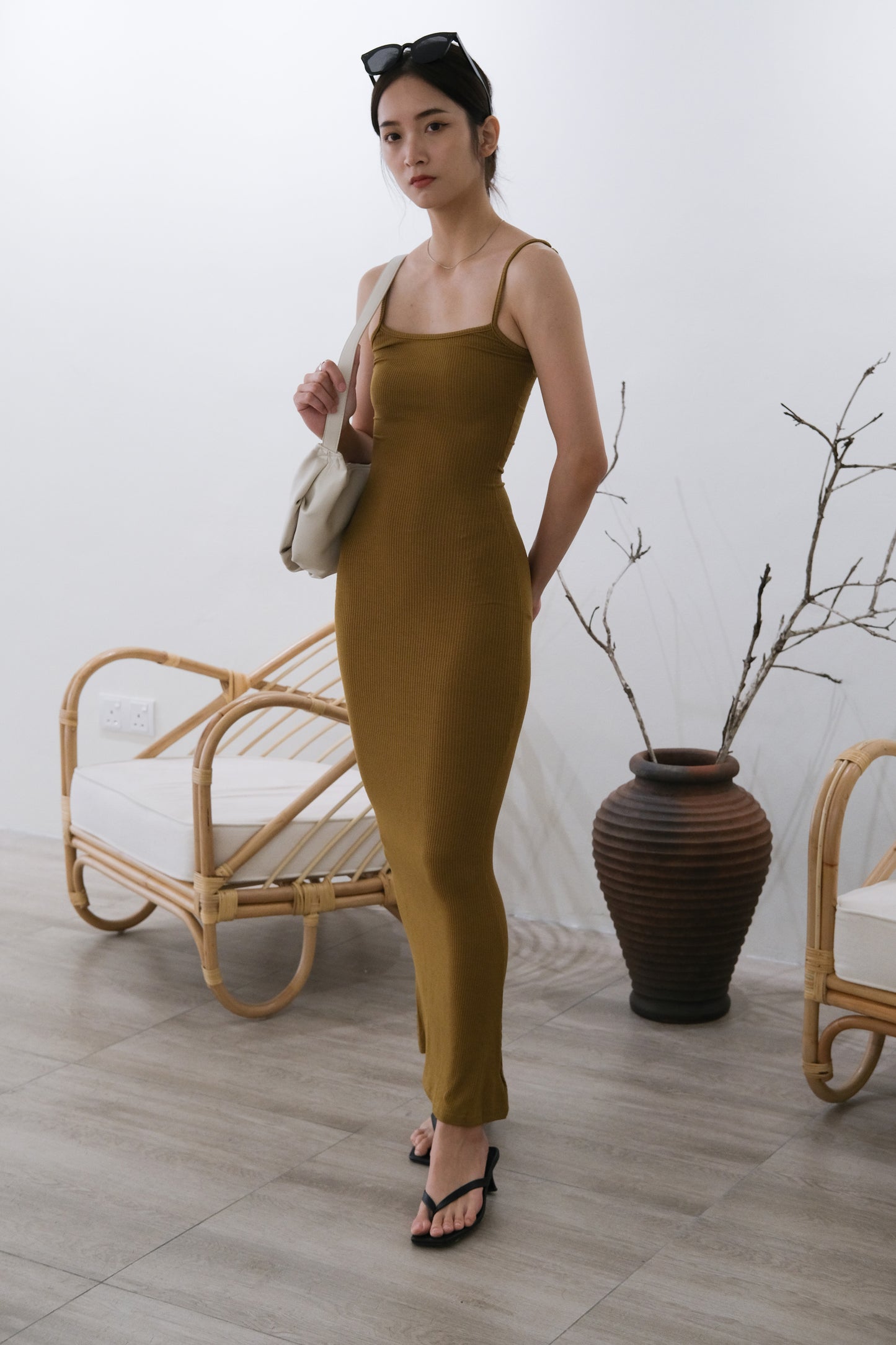High-rise slim-fit slip dress in mustard green (Long)