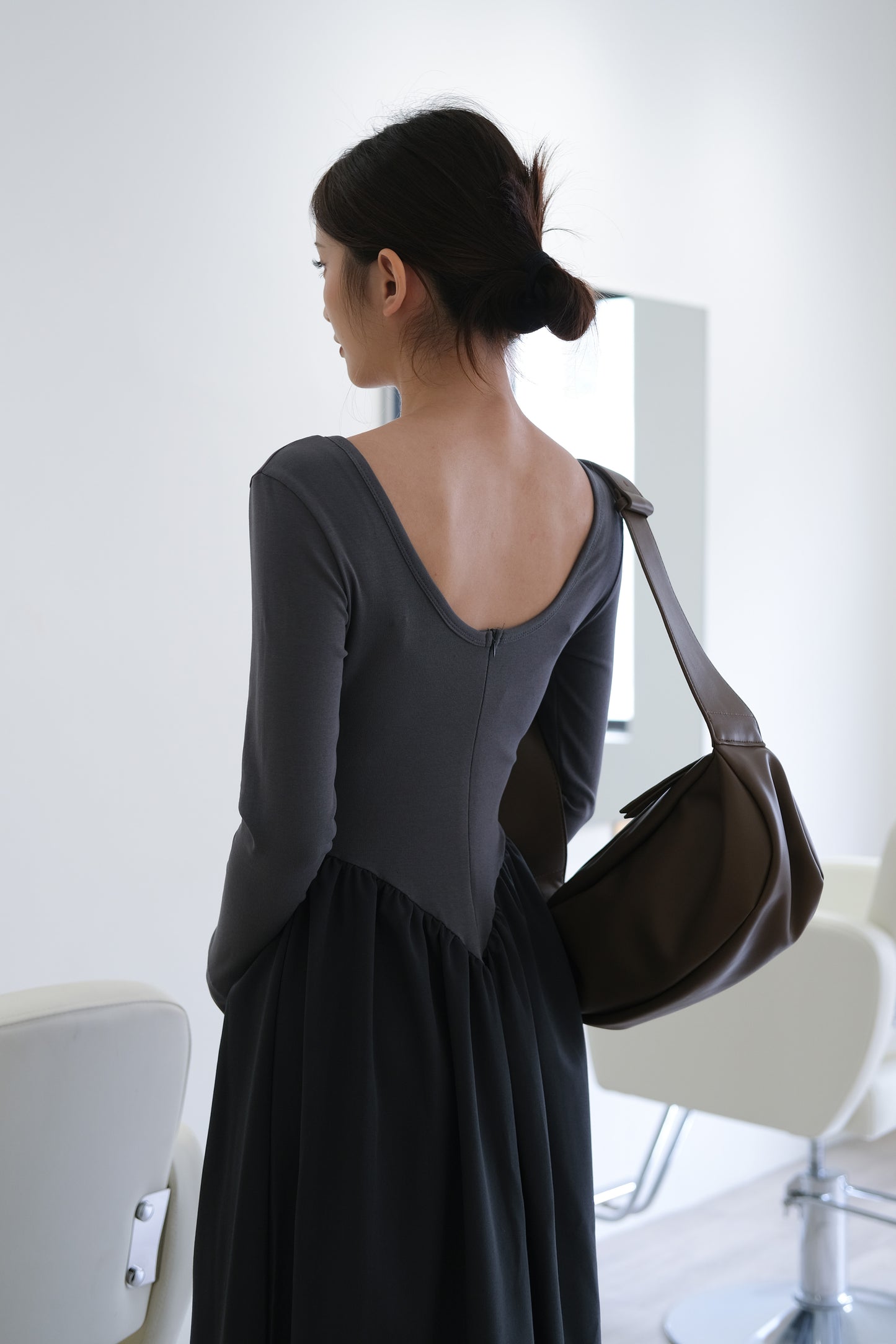 French crewneck slim-fit panel pleated long-sleeved dress in grey