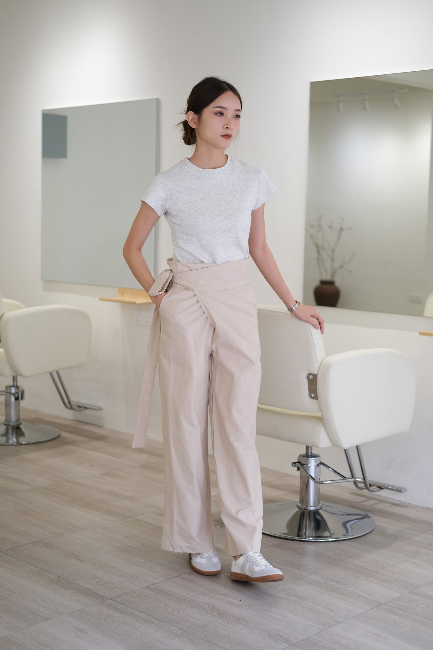 Tie loose casual trousers in almond