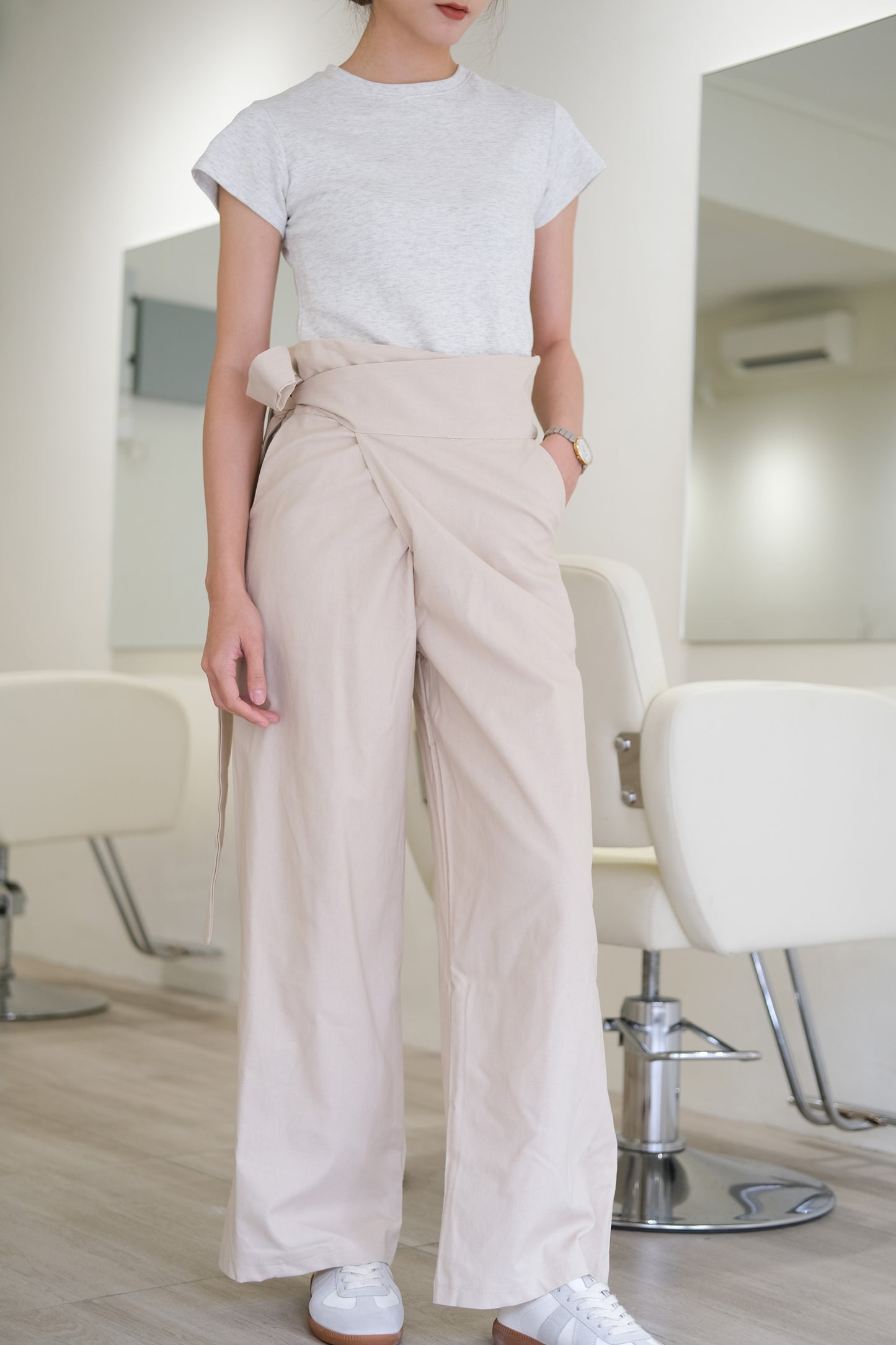 Tie loose casual trousers in almond