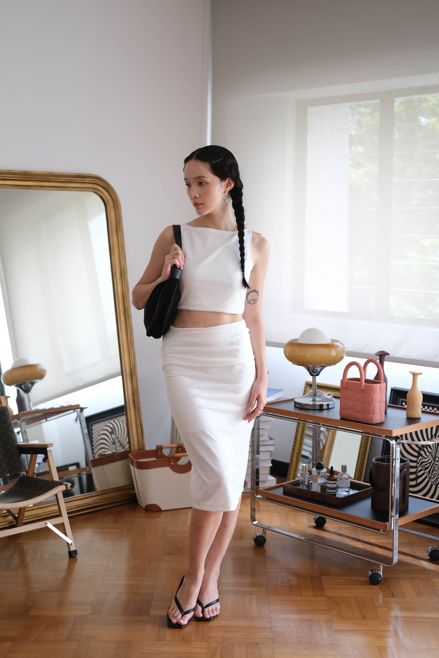 Sleeveless tank top + high waist split skirt in cream white