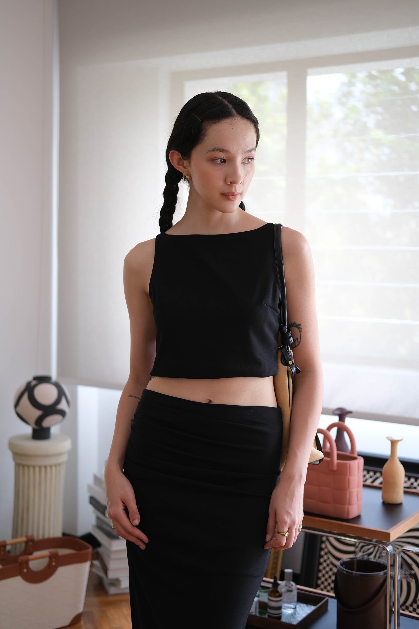 Sleeveless tank top + high waist split skirt in classic black