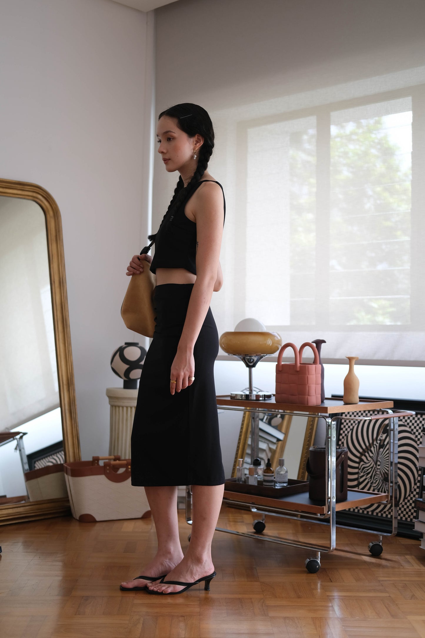Sleeveless tank top + high waist split skirt in classic black