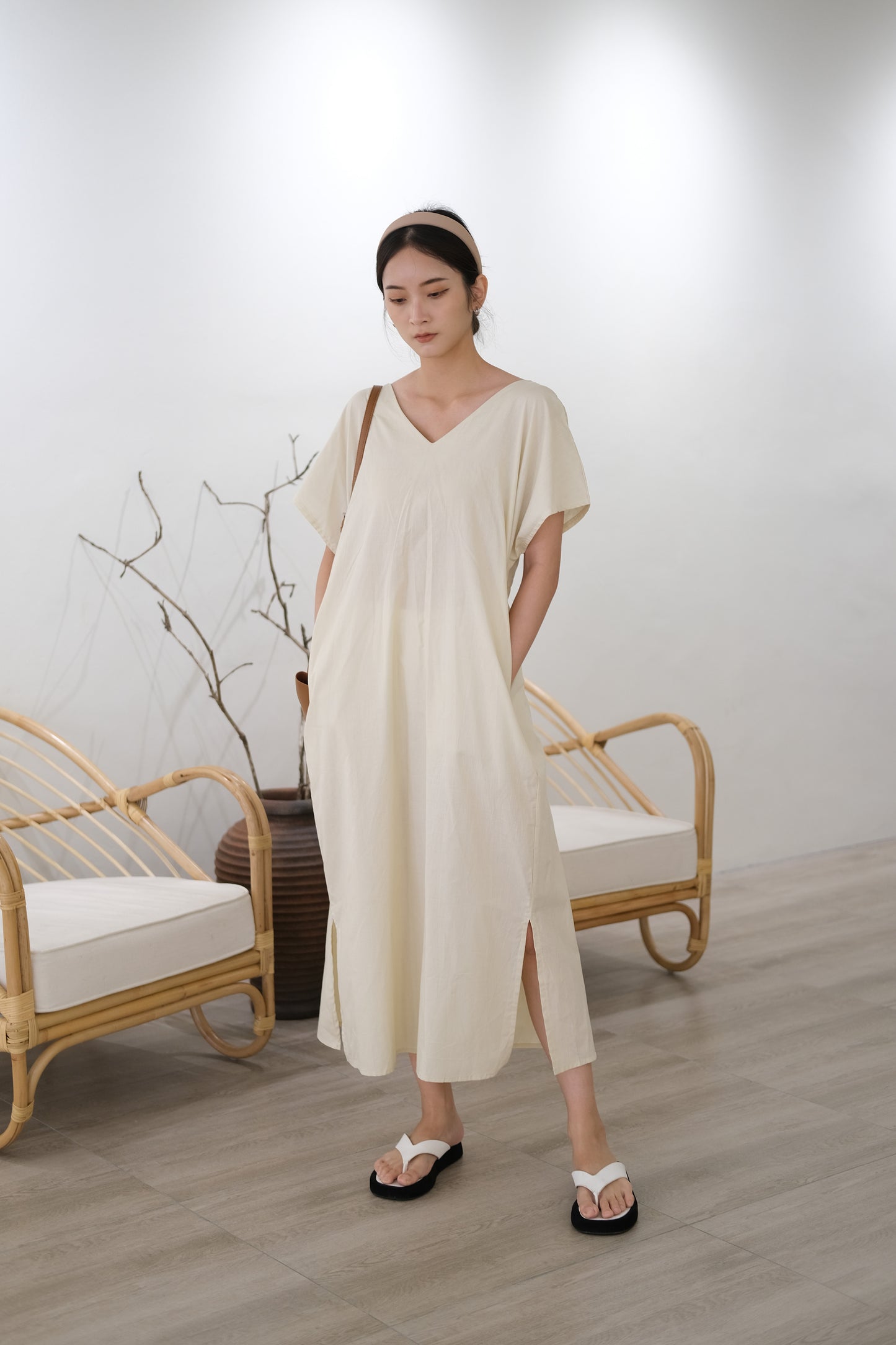 Korea front and back dress in almond
