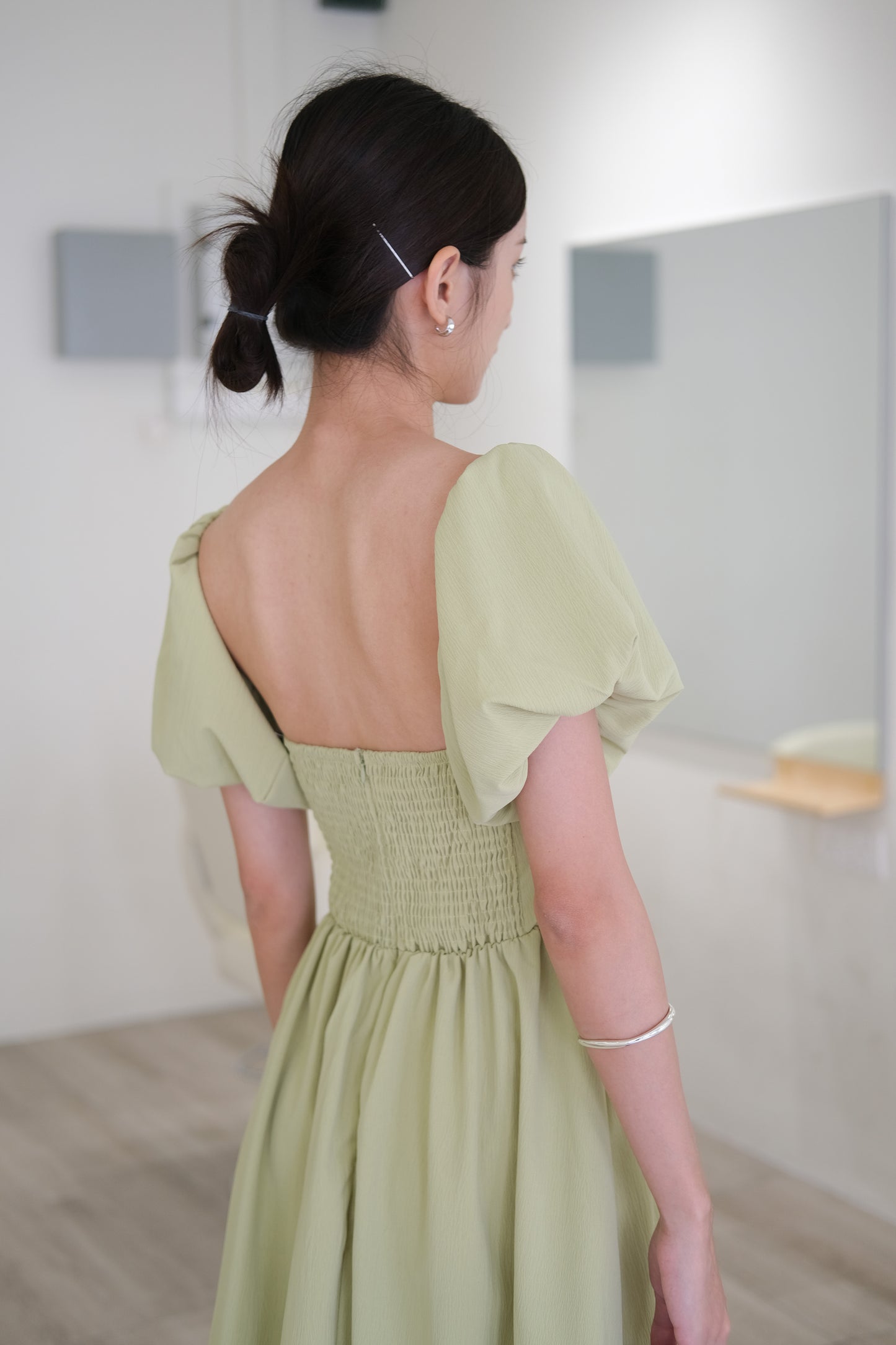 French elegant off-the-shoulder bandeau dress fruit green