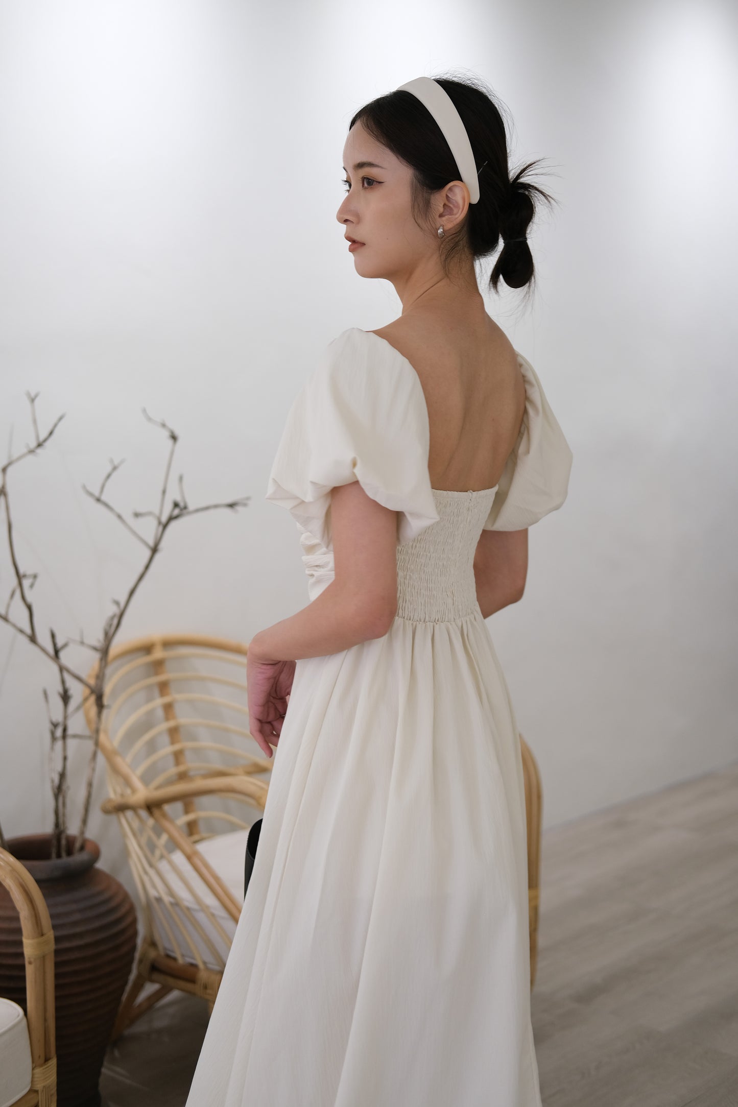 French elegant off-the-shoulder bandeau dress cream white
