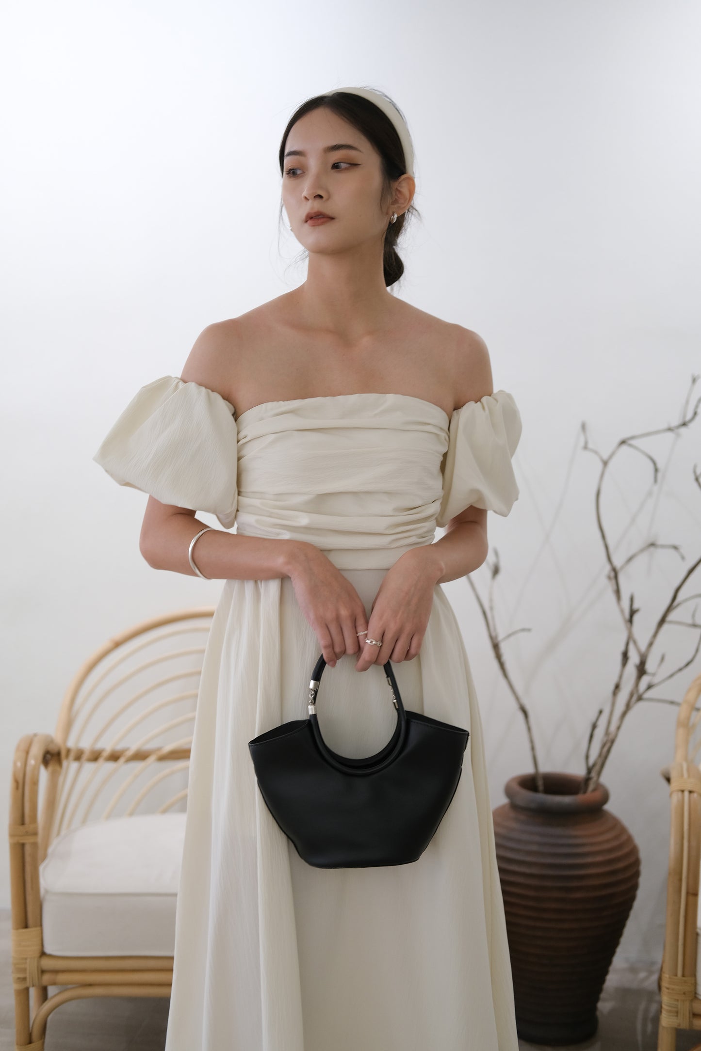 French elegant off-the-shoulder bandeau dress cream white