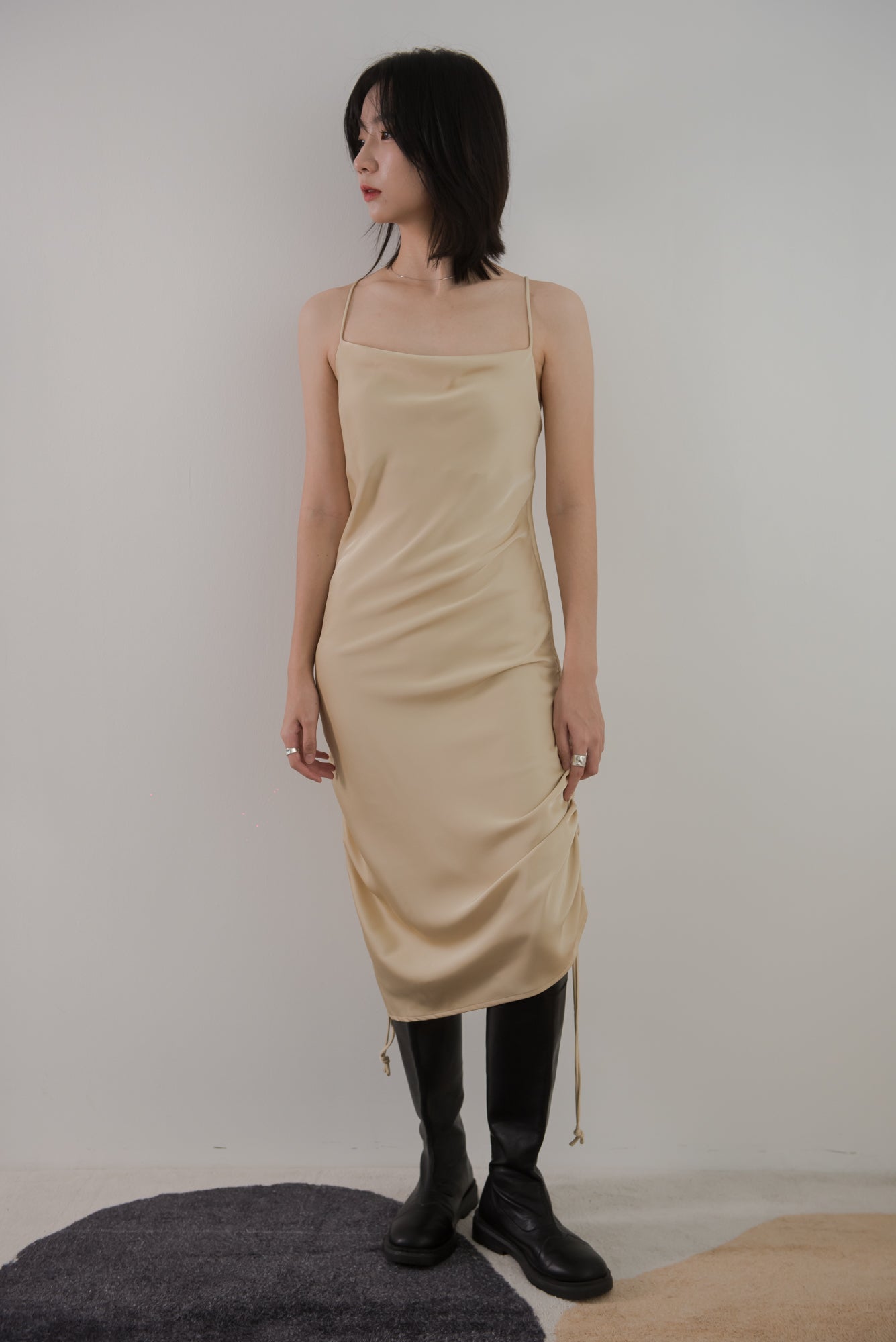 Suspenders with pleated backless slip dress in tender yellow