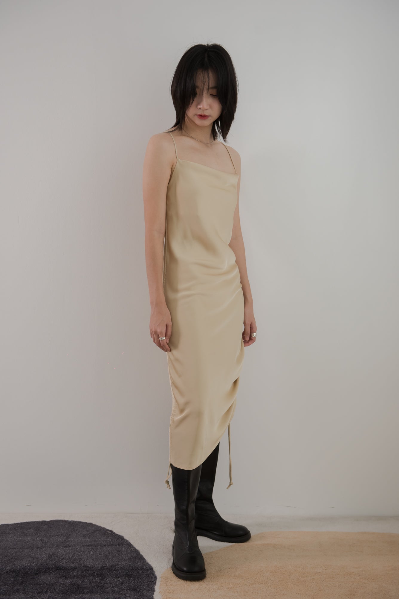 Suspenders with pleated backless slip dress in tender yellow