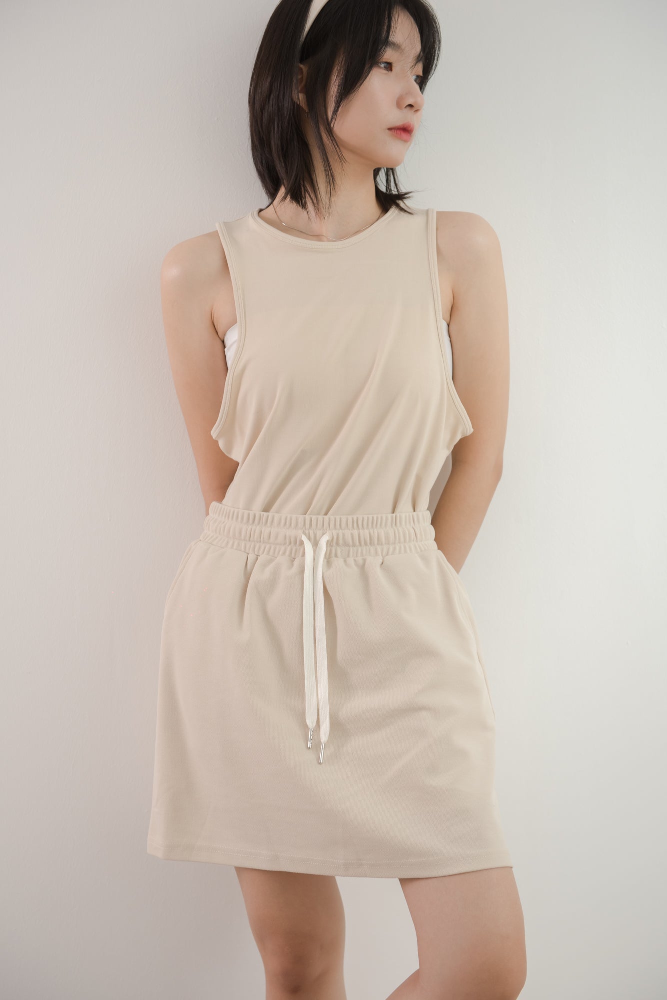 Drawstring design sense a-line short skirt in almond